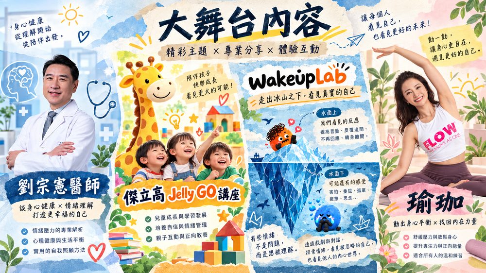 大舞台內容：劉宗憲醫師、傑立高講座、Wake Up Lab 劇場、瑜珈